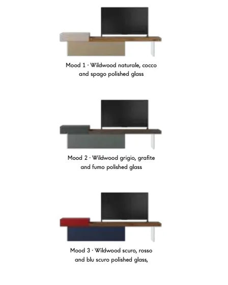 36e8 TV Unit 0512 Mood 3 Wildwood Scuro with Rosso & Scuro Polished Glass