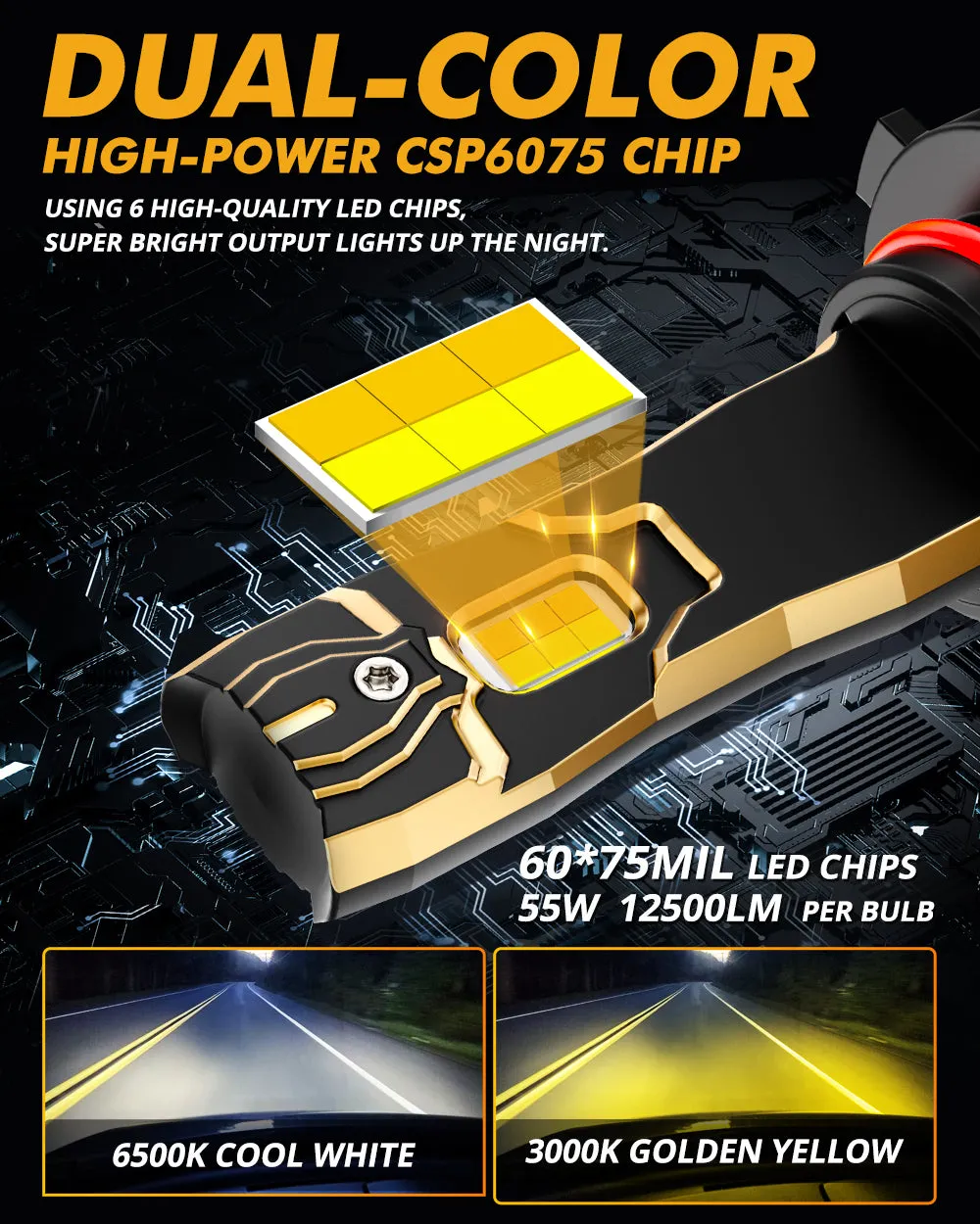 9005/HB3 LED Bulb Fog Lights/Low Beam Lights 110W 25000LM GX Bi-Color Series High Power & Brightness Dual Color Switchback | 2 Bulbs