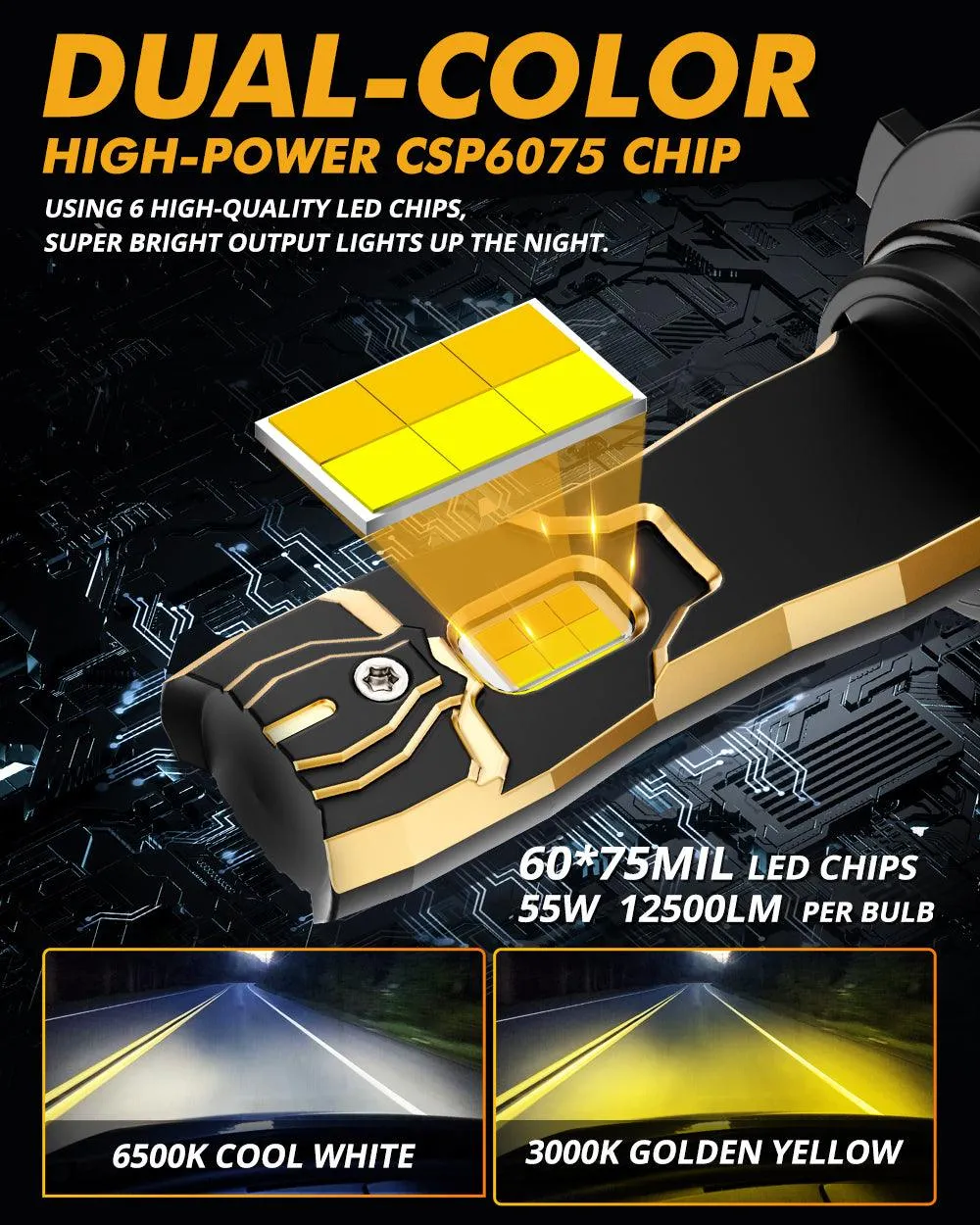 9006/HB4 LED Bulb Fog Lights/Low Beam Lights 110W 25000LM GX Bi-Color Series High Power & Brightness Dual Color Switchback | 2 Bulbs
