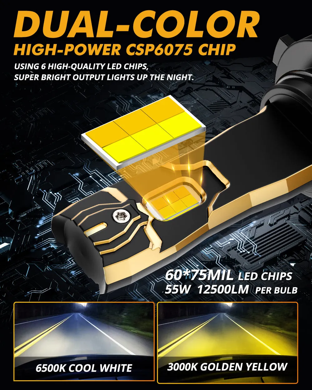 9006/HB4 LED Bulb Fog Lights/Low Beam Lights 110W 25000LM GX Bi-Color Series High Power & Brightness Dual Color Switchback | 2 Bulbs