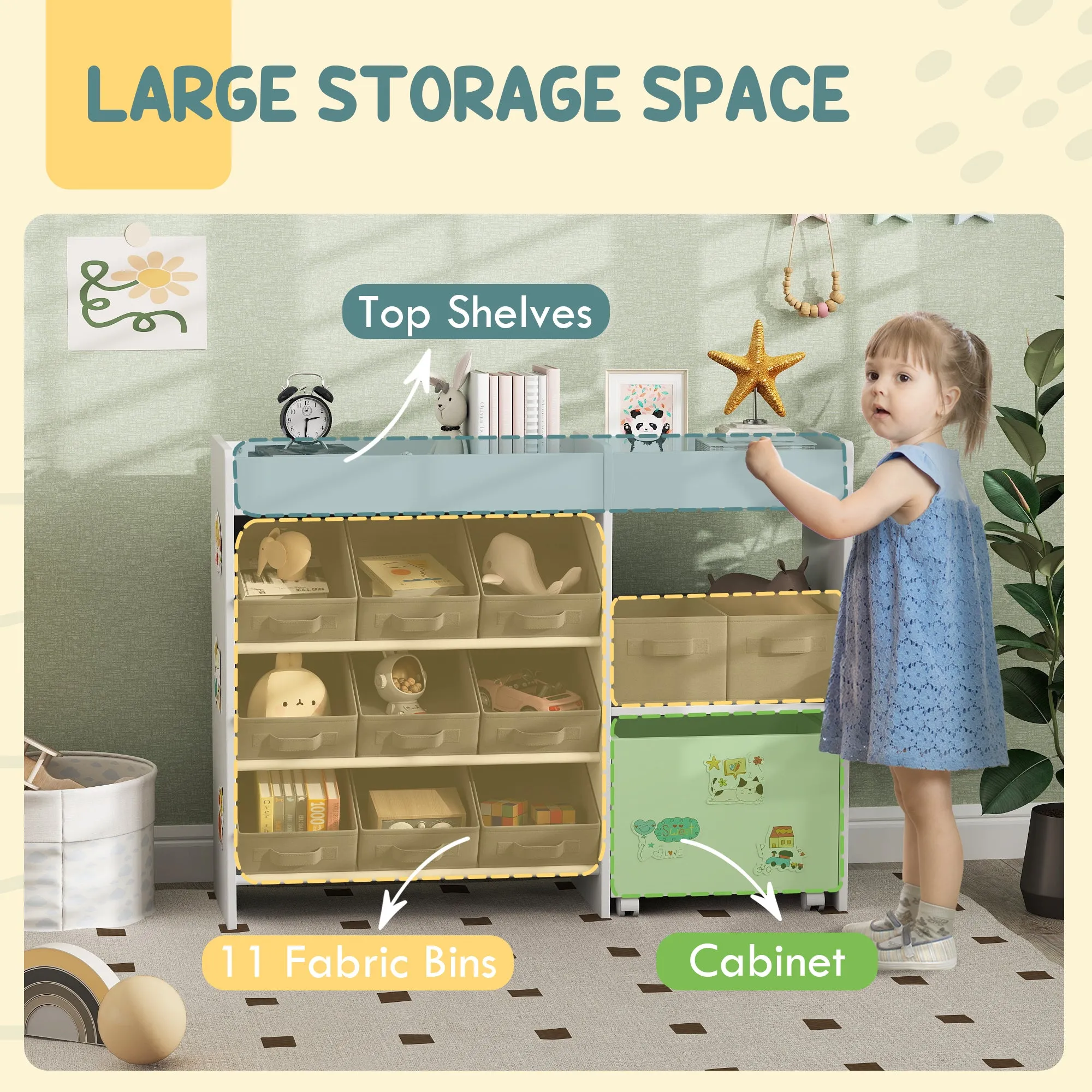 AIYAPLAY Kids Toy Storage Unit with 11 Fabric Bins, 3 Stickers, White