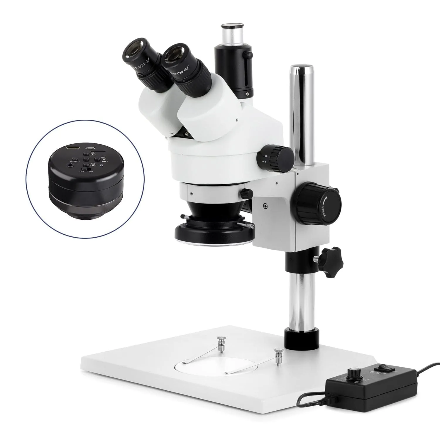 AmScope SM-1 Series Zoom Trinocular Stereo Microscope on Pillar Stand with Extra Large Base Plate w/144 LED Ring Light and HD Recording Camera