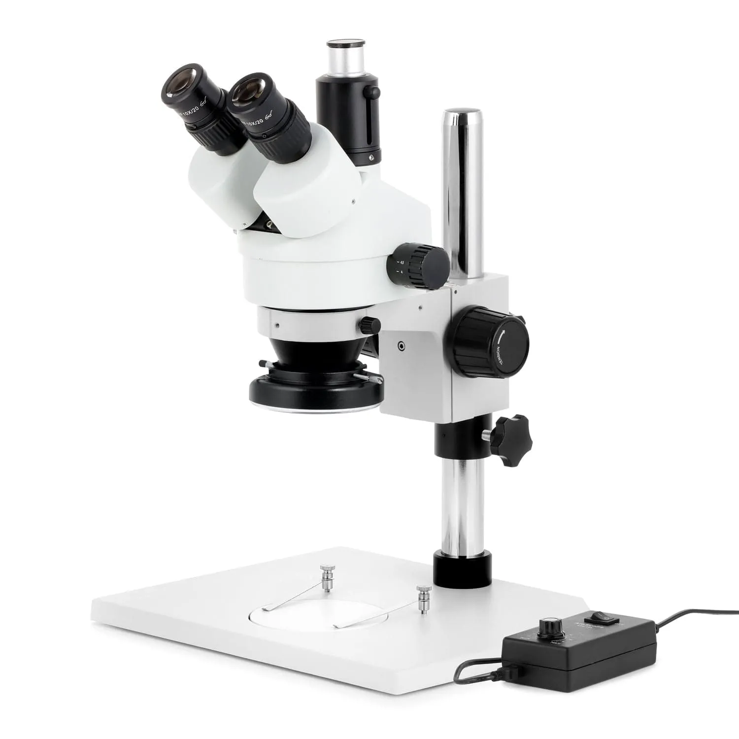 AmScope SM-1 Series Zoom Trinocular Stereo Microscope on Pillar Stand with Extra Large Base Plate w/144 LED Ring Light and HD Recording Camera