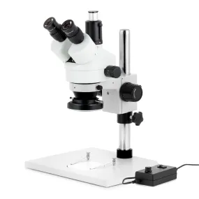 AmScope SM-1 Series Zoom Trinocular Stereo Microscope on Pillar Stand with Extra Large Base Plate w/144 LED Ring Light and HD Recording Camera