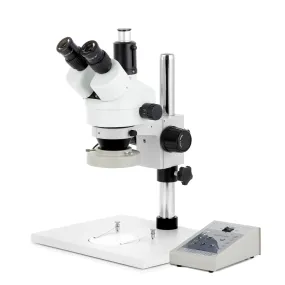 AmScope SM-1 Series Zoom Trinocular Stereo Microscope on Pillar Stand with Extra Large Base Plate w/80 LED Direction Variable Ring Light and HD Recording Camera