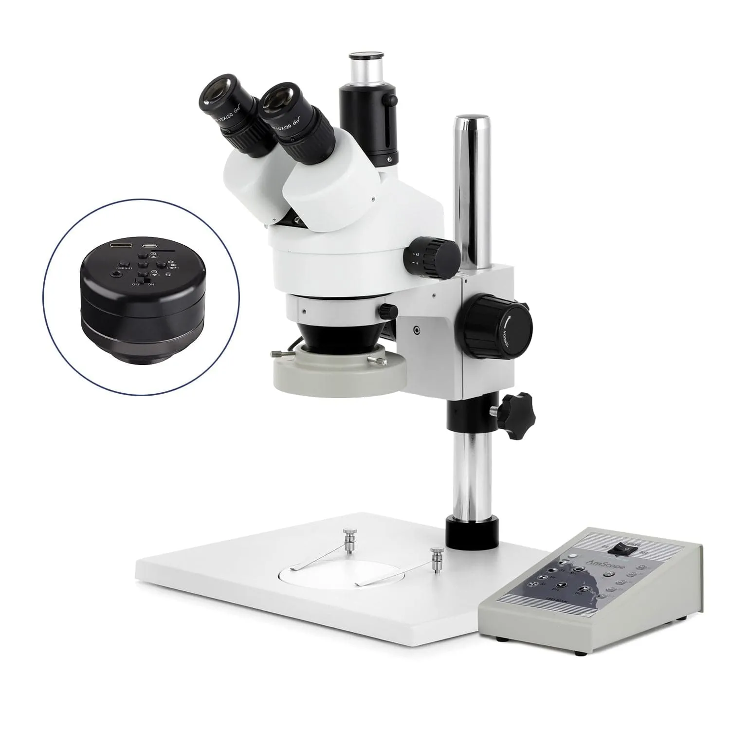 AmScope SM-1 Series Zoom Trinocular Stereo Microscope on Pillar Stand with Extra Large Base Plate w/80 LED Direction Variable Ring Light and HD Recording Camera
