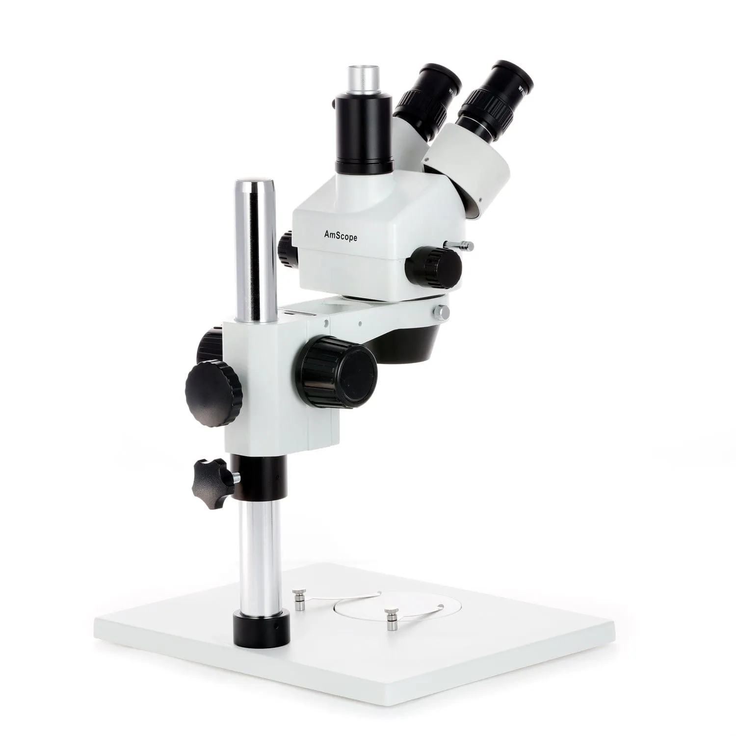 AmScope SM-1 Series Zoom Trinocular Stereo Microscope on Pillar Stand with Extra Large Base Plate w/80 LED Direction Variable Ring Light and HD Recording Camera