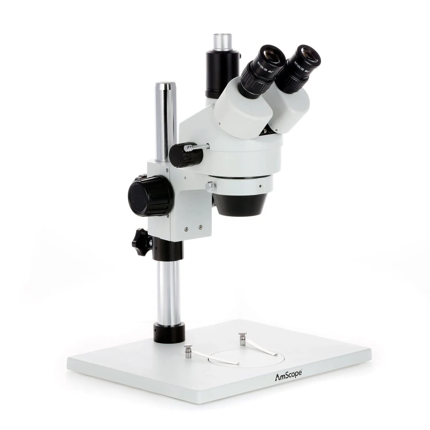 AmScope SM-1 Series Zoom Trinocular Stereo Microscope on Pillar Stand with Extra Large Base Plate w/80 LED Direction Variable Ring Light and HD Recording Camera