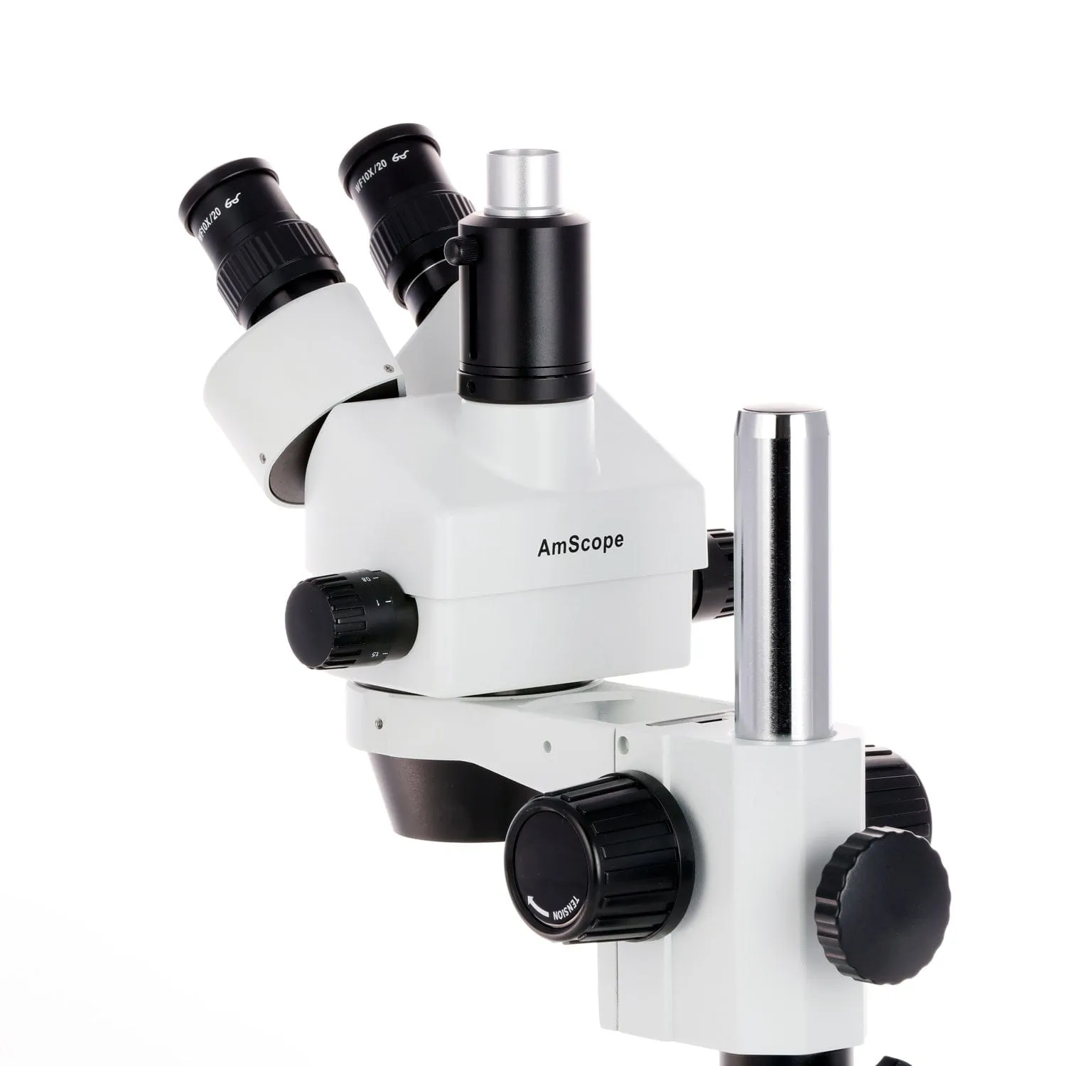 AmScope SM-1 Series Zoom Trinocular Stereo Microscope on Pillar Stand with Extra Large Base Plate w/80 LED Direction Variable Ring Light and HD Recording Camera