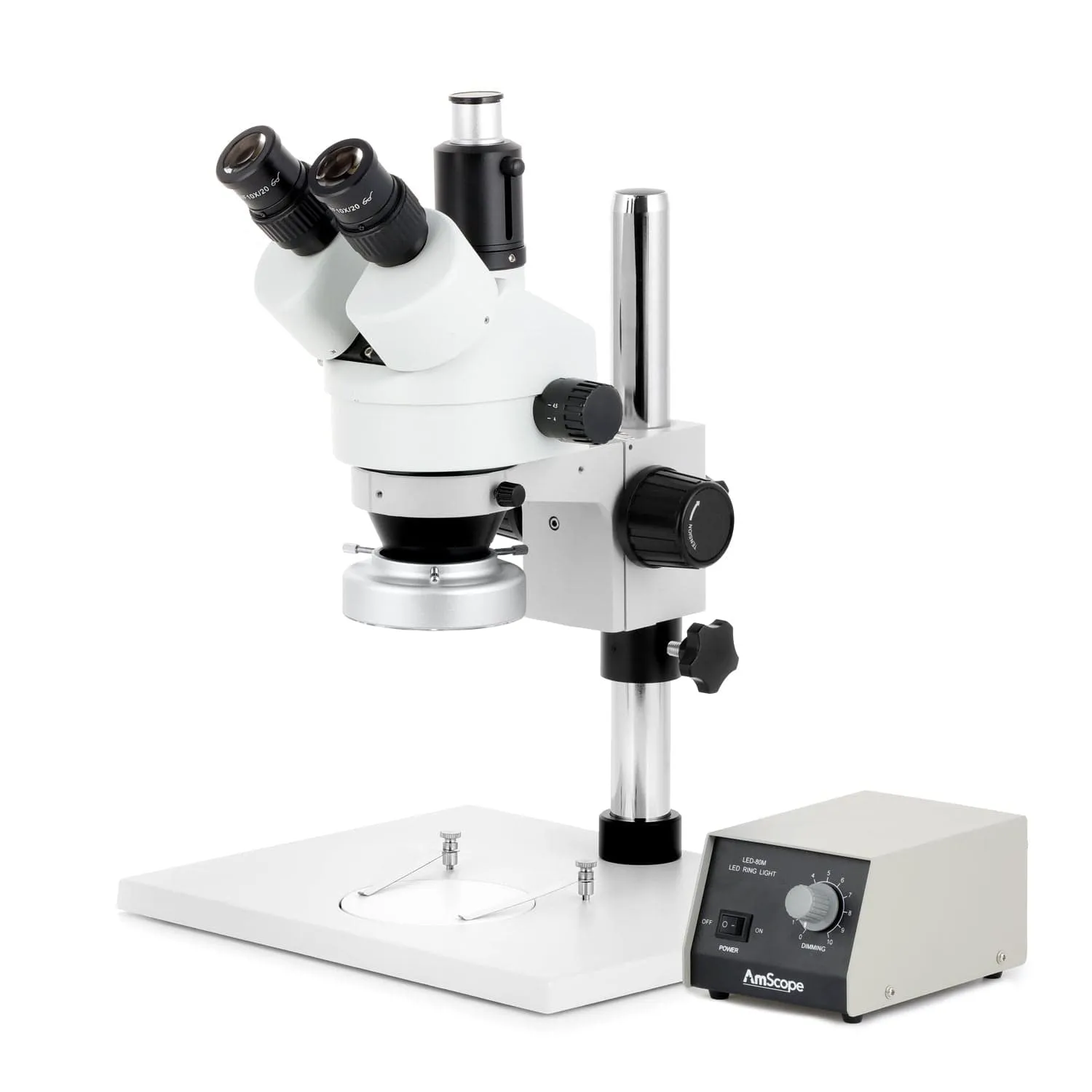 AmScope SM-1 Series Zoom Trinocular Stereo Microscope on Pillar Stand with Extra Large Base Plate w/Heavy Duty 80 LED Ring Light and HD Recording Camera