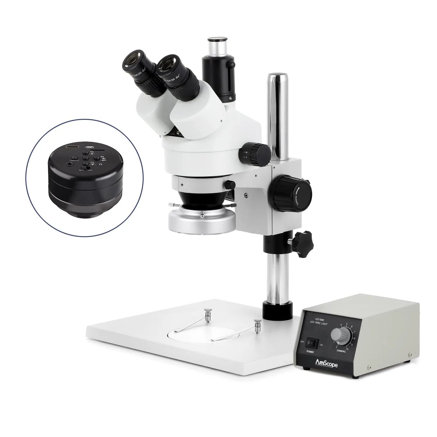 AmScope SM-1 Series Zoom Trinocular Stereo Microscope on Pillar Stand with Extra Large Base Plate w/Heavy Duty 80 LED Ring Light and HD Recording Camera