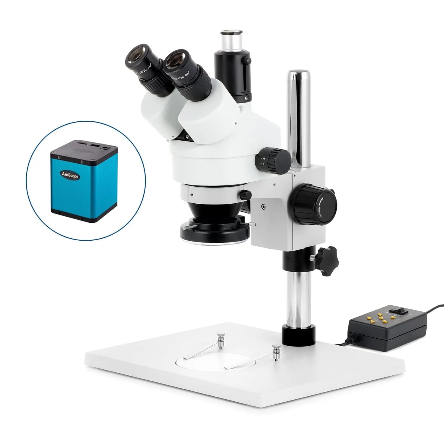 AmScope SM-1 Series Zoom Trinocular Stereo Microscope on Pillar Stand with Extra Large Base Plate w/Multi-Zone 144 LED and Auto Focus Camera