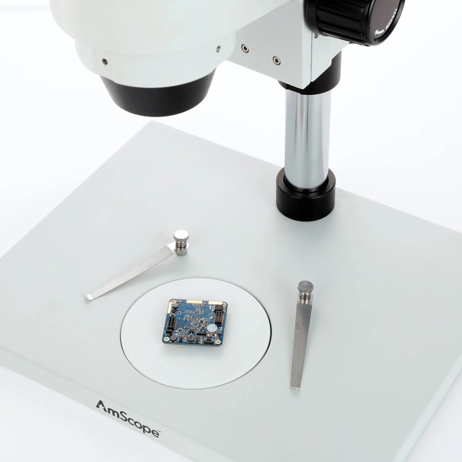AmScope SM-1 Series Zoom Trinocular Stereo Microscope on Pillar Stand with Extra Large Base Plate w/Multi-Zone 144 LED and Auto Focus Camera