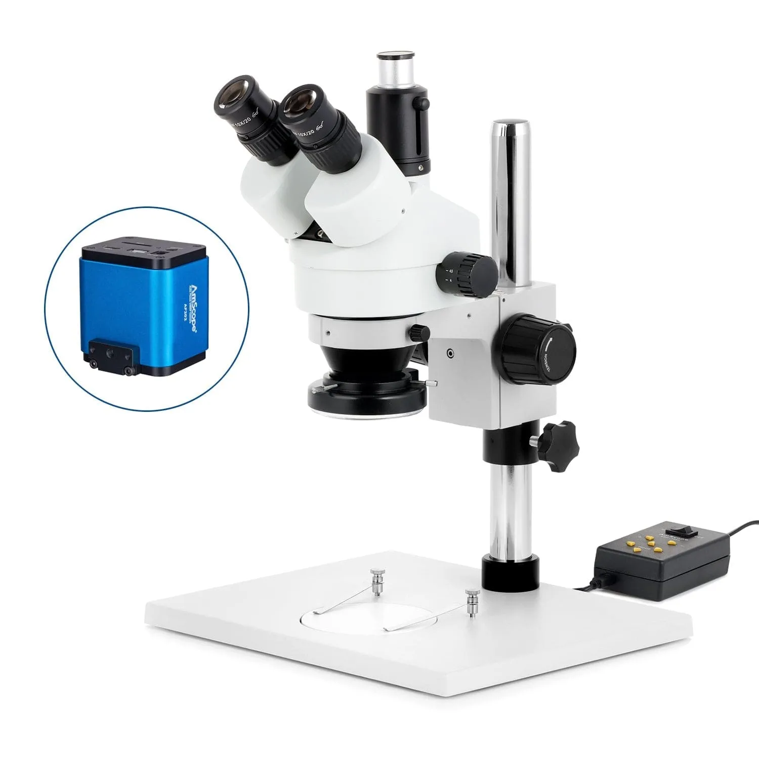AmScope SM-1 Series Zoom Trinocular Stereo Microscope on Pillar Stand with Extra Large Base Plate w/Multi-Zone 144 LED and Auto Focus Camera
