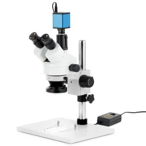 AmScope SM-1 Series Zoom Trinocular Stereo Microscope on Pillar Stand with Extra Large Base Plate w/Multi-Zone 144 LED and Auto Focus Camera