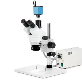AmScope SM-1 Series Zoom Trinocular Stereo Microscope on Pillar Stand with Extra Large Base Plate w/Multi-Zone 144 LED and HD Recording Camera