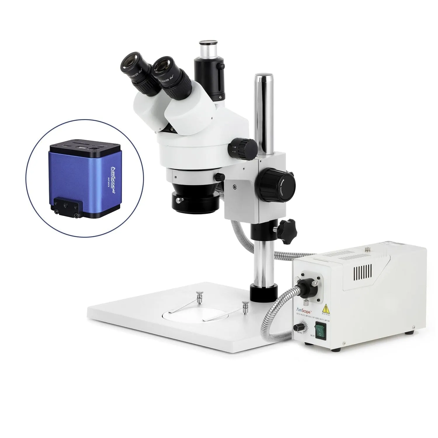 AmScope SM-1 Series Zoom Trinocular Stereo Microscope on Pillar Stand with Extra Large Base Plate w/Multi-Zone 144 LED and HD Recording Camera