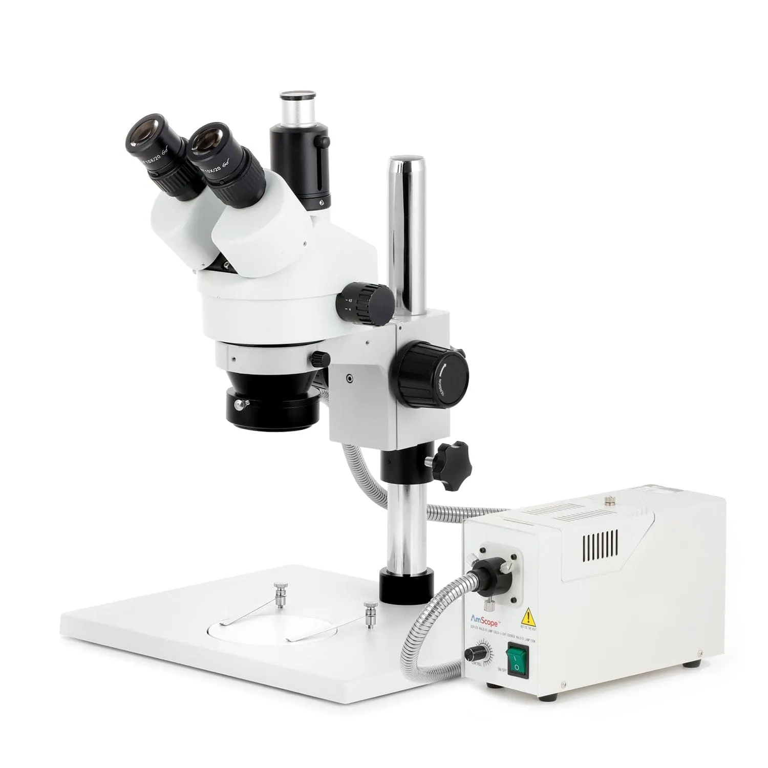 AmScope SM-1 Series Zoom Trinocular Stereo Microscope on Pillar Stand with Extra Large Base Plate w/Multi-Zone 144 LED and HD Recording Camera
