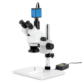 AmScope SM-1 Series Zoom Trinocular Stereo Microscope on Pillar Stand with Extra Large Base Plate w/Multi-Zone 144 LED and HDMI Camera