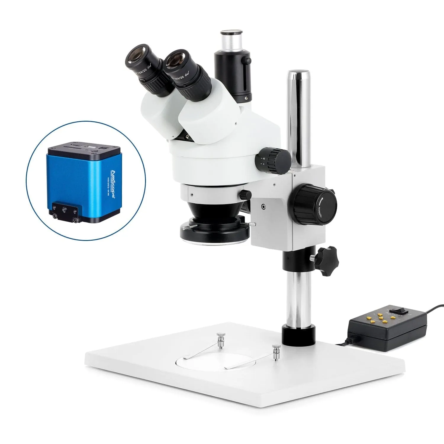 AmScope SM-1 Series Zoom Trinocular Stereo Microscope on Pillar Stand with Extra Large Base Plate w/Multi-Zone 144 LED and HDMI Camera