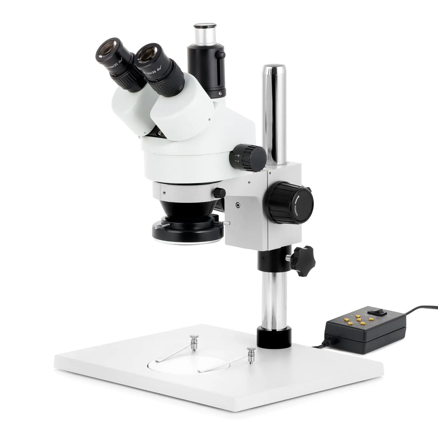 AmScope SM-1 Series Zoom Trinocular Stereo Microscope on Pillar Stand with Extra Large Base Plate w/Multi-Zone 144 LED and HDMI Camera