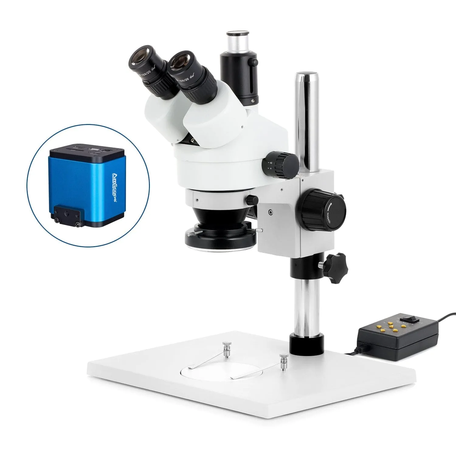 AmScope SM-1 Series Zoom Trinocular Stereo Microscope on Pillar Stand with Extra Large Base Plate w/Multi-Zone 144 LED and HDMI Camera