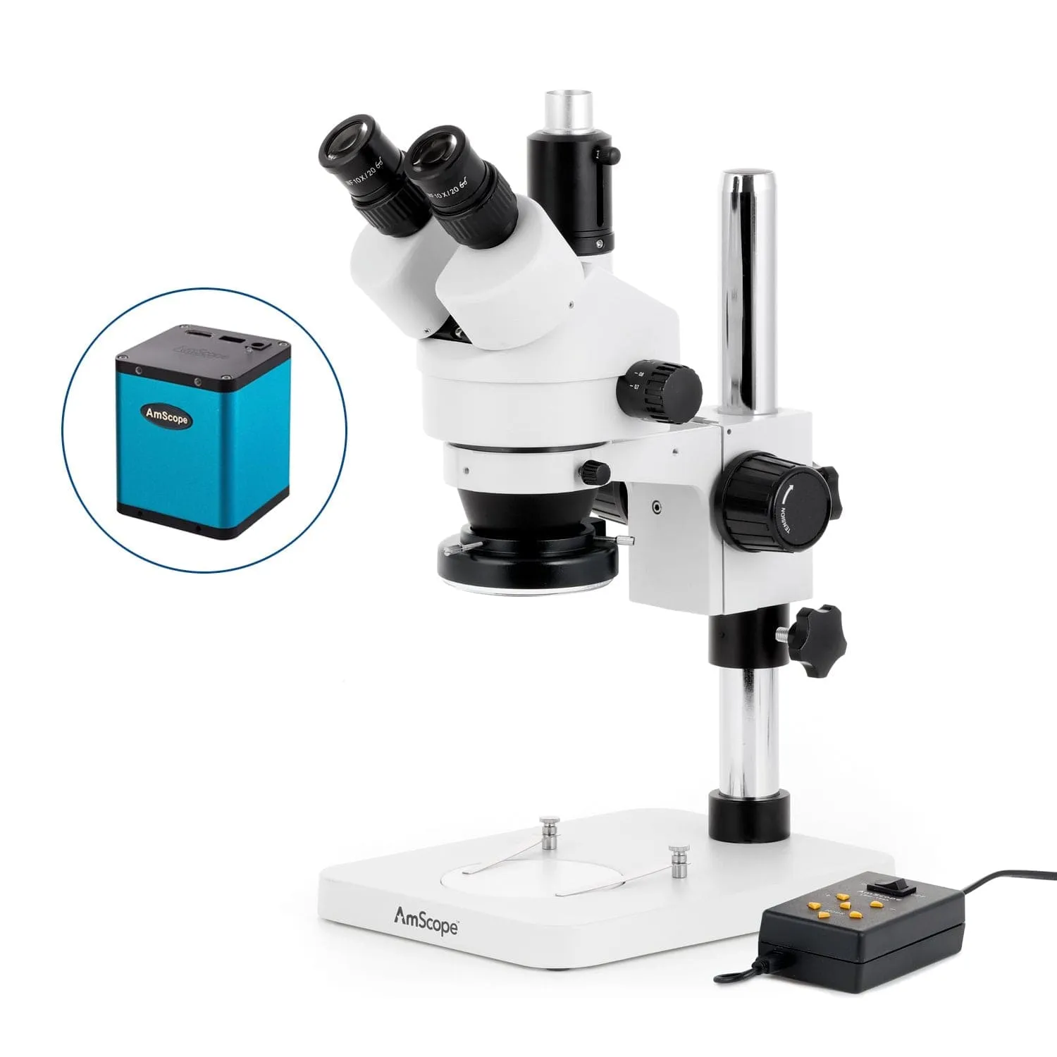 AmScope SM-1 Series Zoom Trinocular Stereo Microscope with Multi-Zone 144 LED and Auto Focus Camera on Pillar Stand