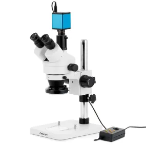 AmScope SM-1 Series Zoom Trinocular Stereo Microscope with Multi-Zone 144 LED and Auto Focus Camera on Pillar Stand
