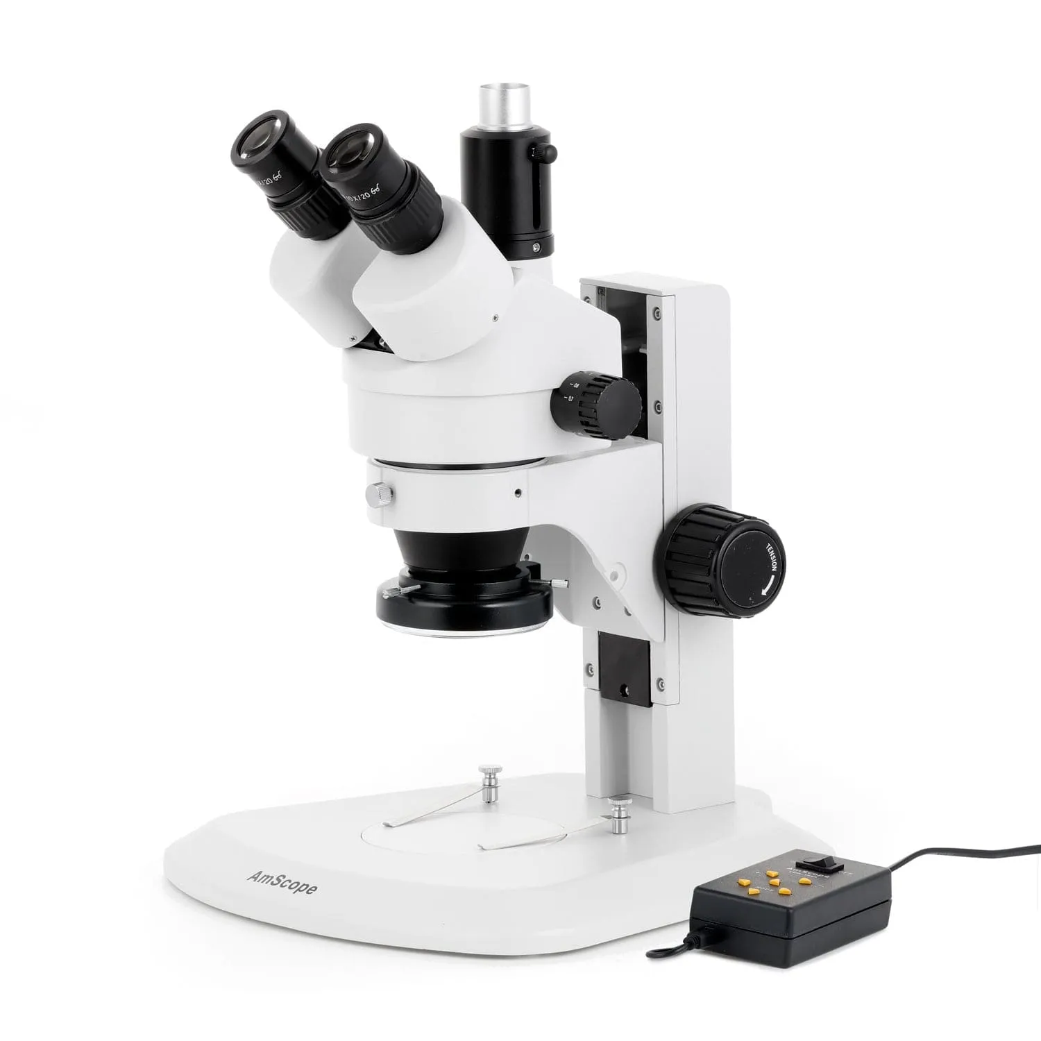 AmScope SM-1 Series Zoom Trinocular Stereo Microscope with Multi-Zone 144 LED and Auto Focus Camera on Track Stand