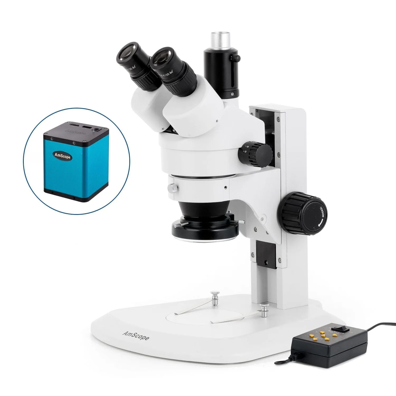 AmScope SM-1 Series Zoom Trinocular Stereo Microscope with Multi-Zone 144 LED and Auto Focus Camera on Track Stand