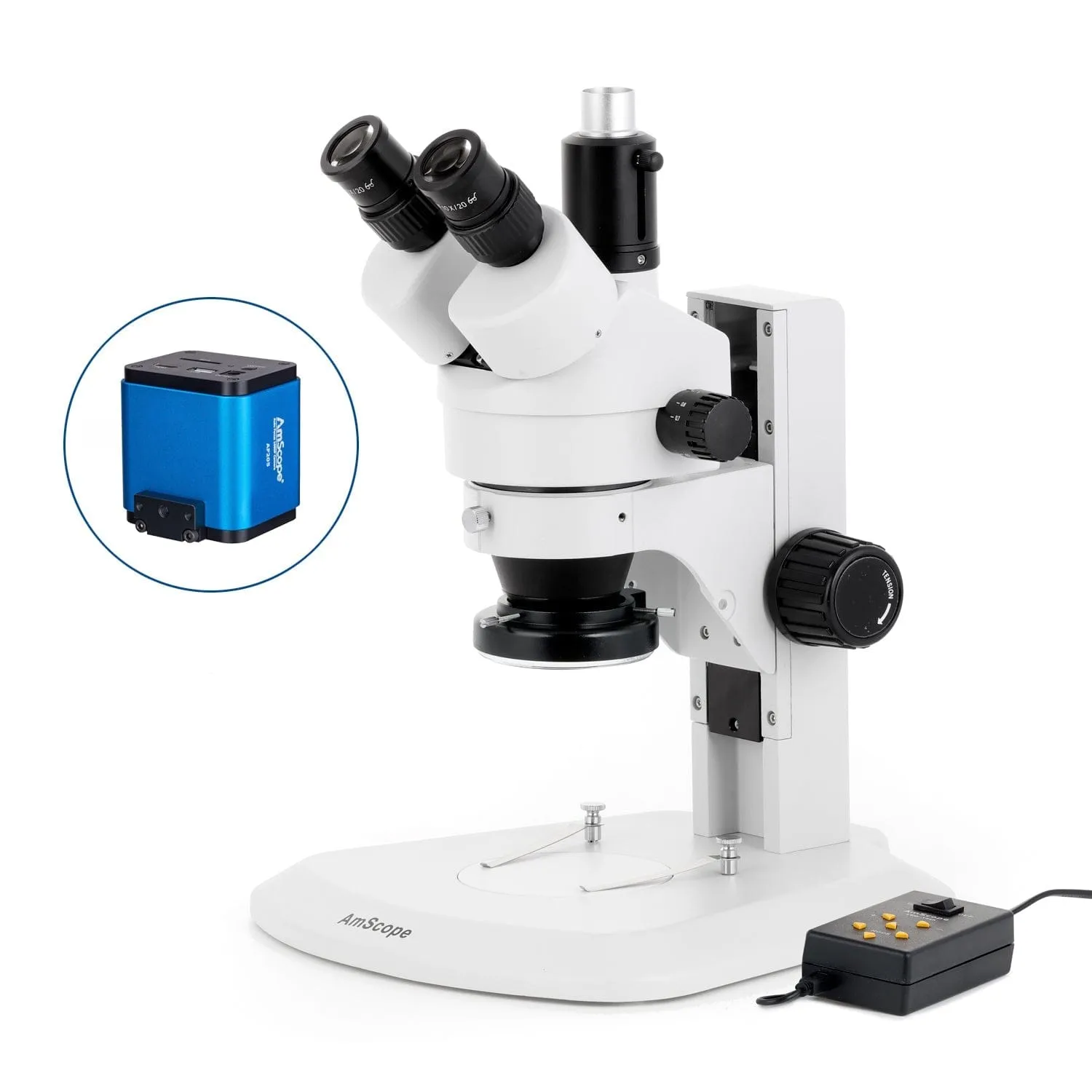 AmScope SM-1 Series Zoom Trinocular Stereo Microscope with Multi-Zone 144 LED and Auto Focus Camera on Track Stand