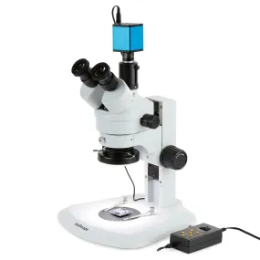 AmScope SM-1 Series Zoom Trinocular Stereo Microscope with Multi-Zone 144 LED and Auto Focus Camera on Track Stand