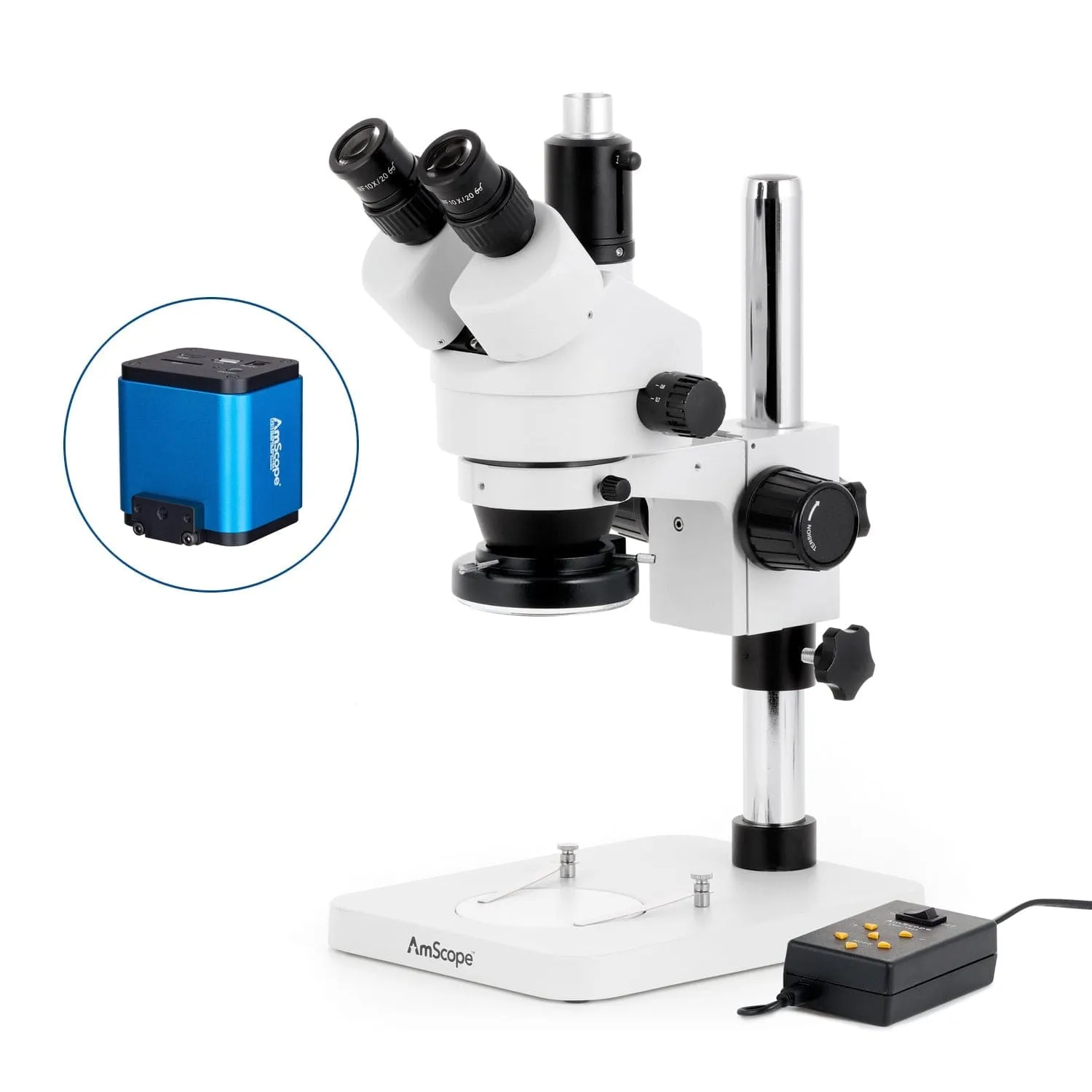 AmScope SM-1 Series Zoom Trinocular Stereo Microscope with Multi-Zone 144 LED and HDMI Camera on Pillar Stand