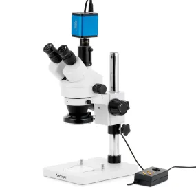 AmScope SM-1 Series Zoom Trinocular Stereo Microscope with Multi-Zone 144 LED and HDMI Camera on Pillar Stand