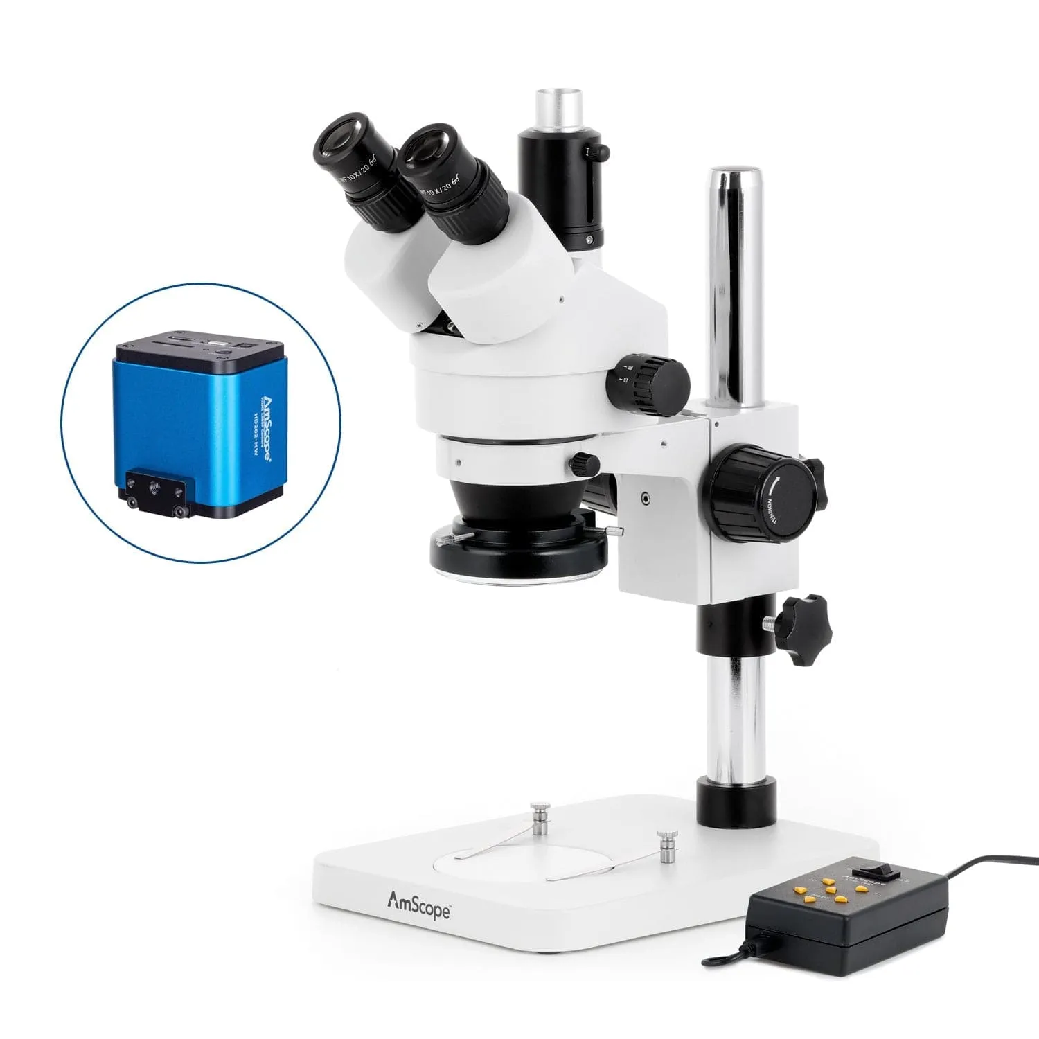 AmScope SM-1 Series Zoom Trinocular Stereo Microscope with Multi-Zone 144 LED and HDMI Camera on Pillar Stand