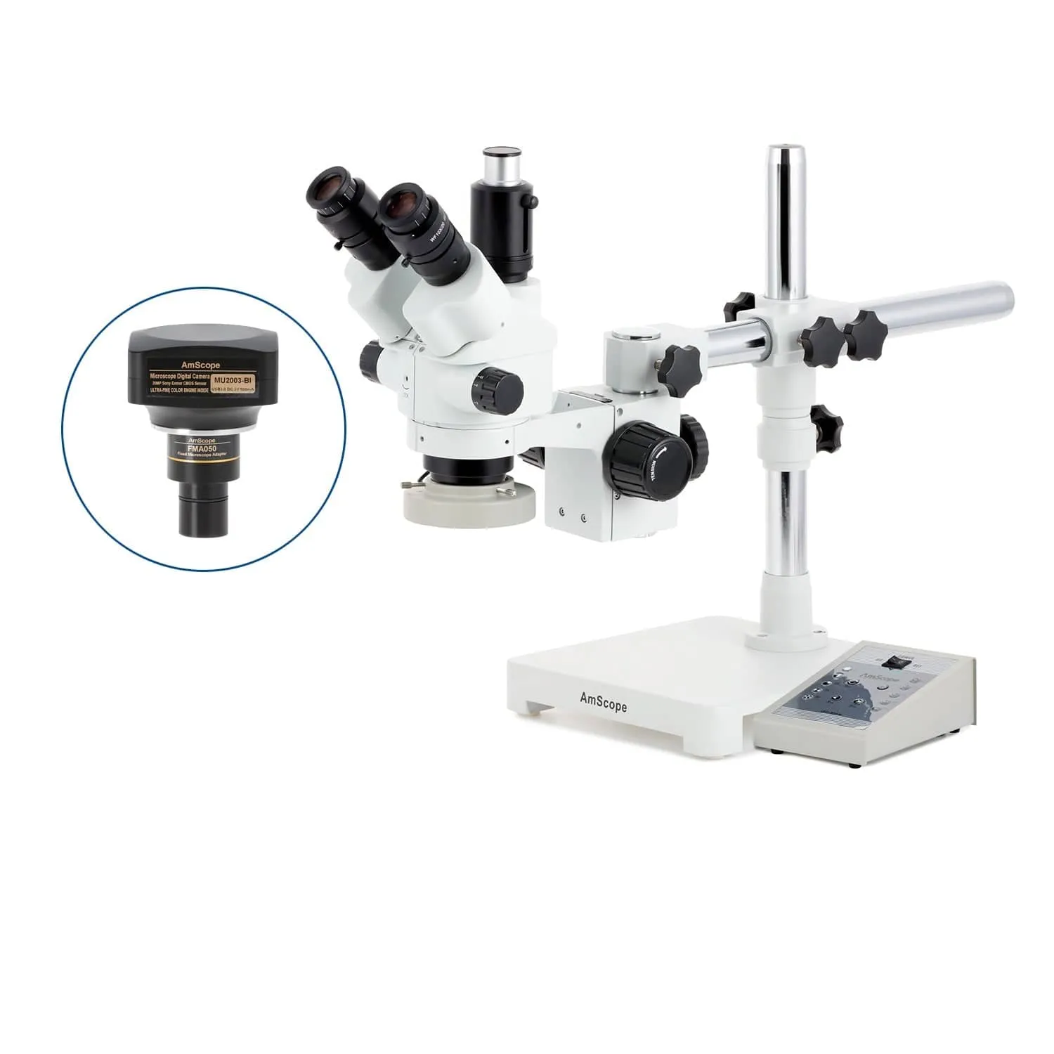 AmScope SM-3 Series Simul-Focal Lockable Zoom Trinocular Stereo Microscope with 80 LED Direction Variable Ring Light and Optional Digital Camera on Single Arm Boom Stand