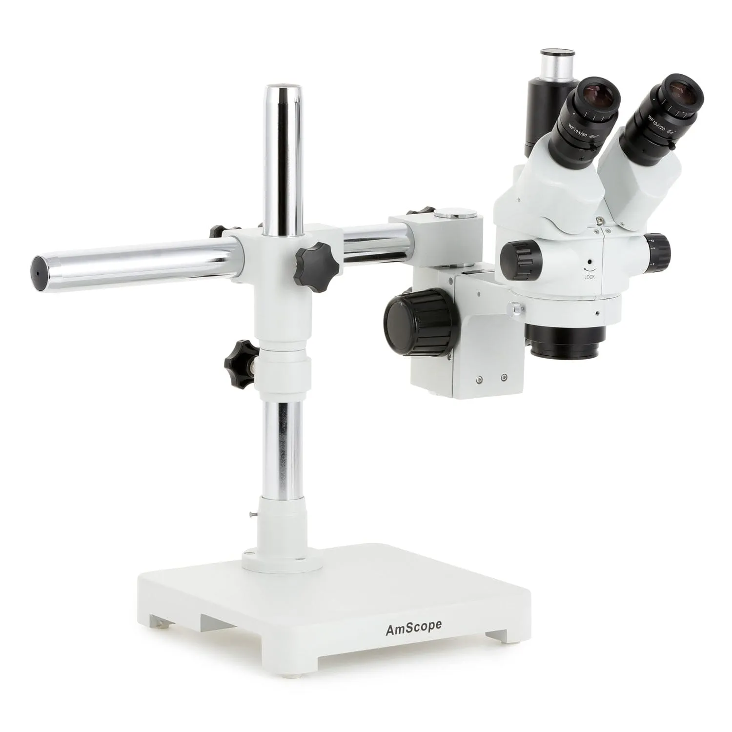 AmScope SM-3 Series Simul-Focal Lockable Zoom Trinocular Stereo Microscope with 80 LED Direction Variable Ring Light and Optional Digital Camera on Single Arm Boom Stand