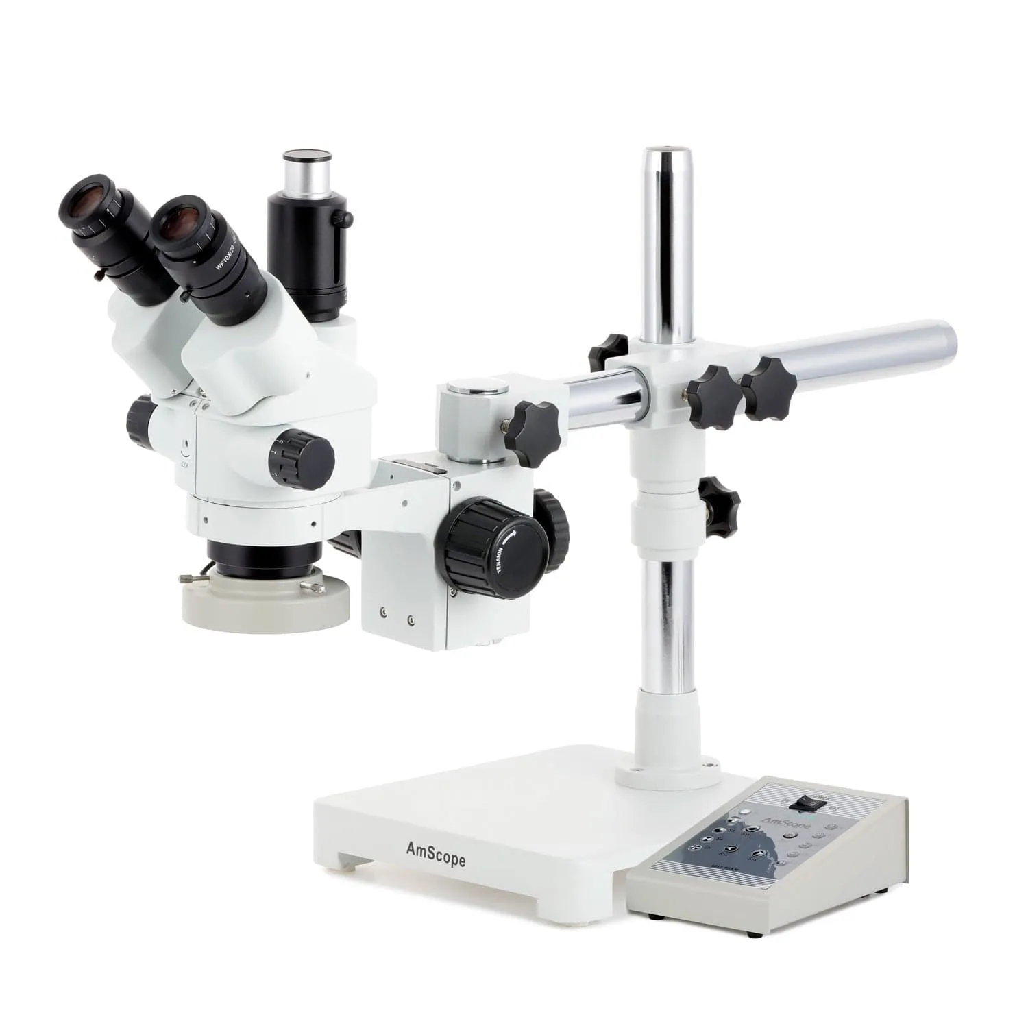 AmScope SM-3 Series Simul-Focal Lockable Zoom Trinocular Stereo Microscope with 80 LED Direction Variable Ring Light and Optional Digital Camera on Single Arm Boom Stand