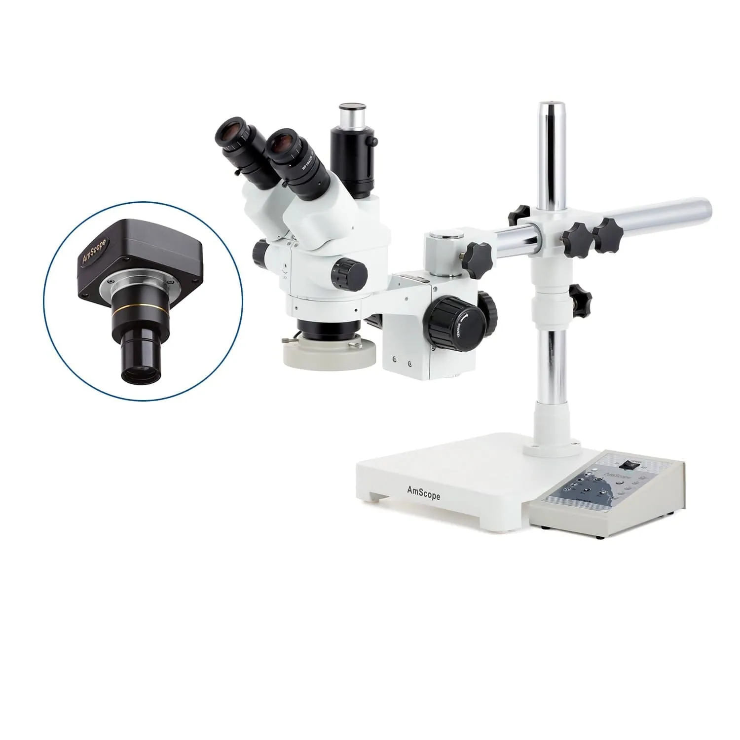 AmScope SM-3 Series Simul-Focal Lockable Zoom Trinocular Stereo Microscope with 80 LED Direction Variable Ring Light and Optional Digital Camera on Single Arm Boom Stand