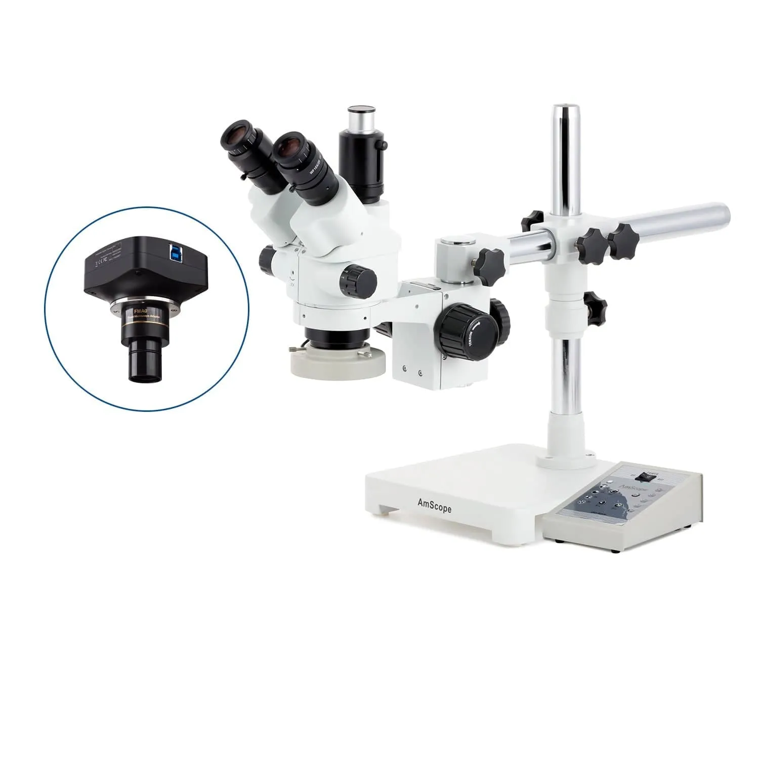 AmScope SM-3 Series Simul-Focal Lockable Zoom Trinocular Stereo Microscope with 80 LED Direction Variable Ring Light and Optional Digital Camera on Single Arm Boom Stand