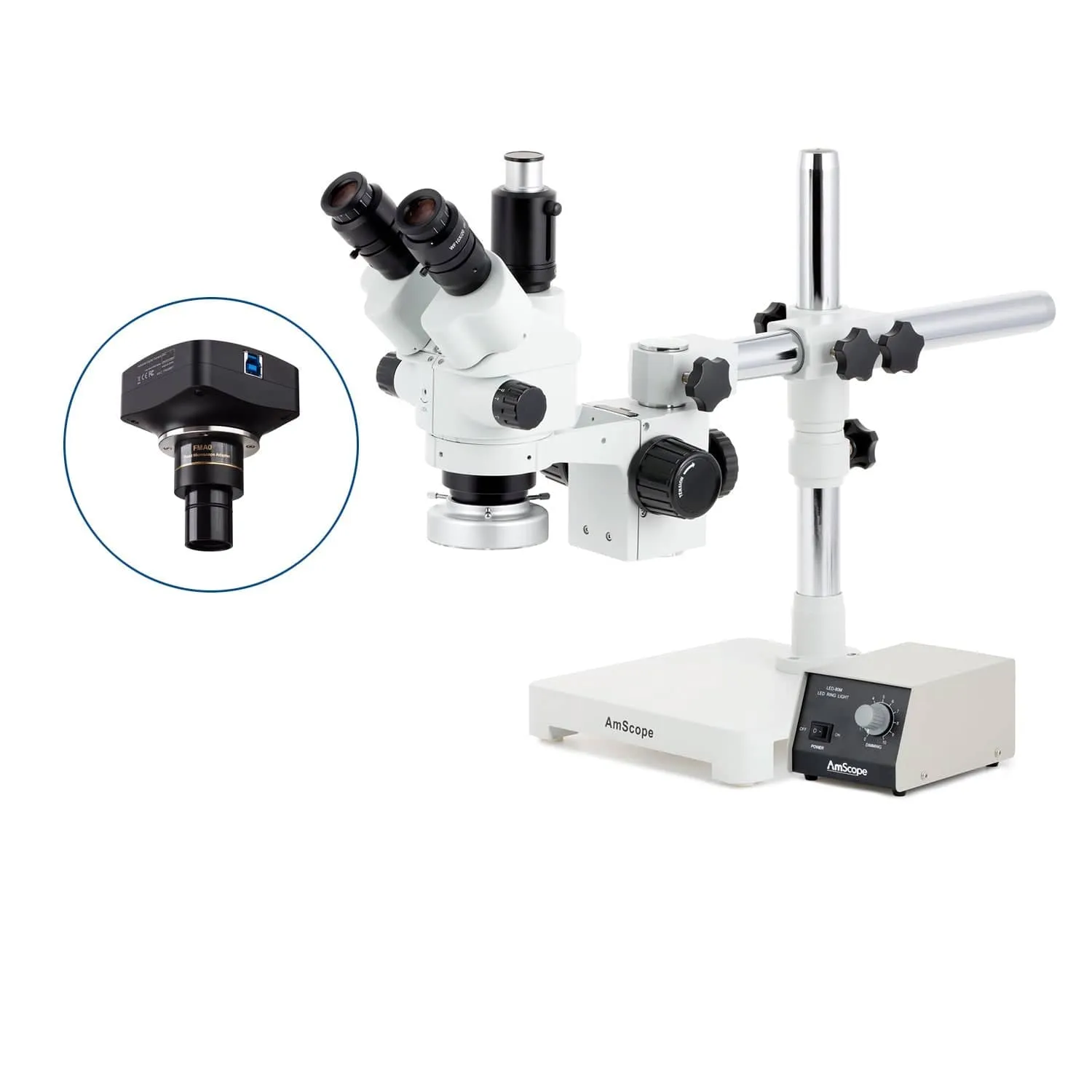 AmScope SM-3 Series Simul-Focal Lockable Zoom Trinocular Stereo Microscope with Heavy Duty 80 LED Ring Light and Optional Digital Camera on Single Arm Boom Stand