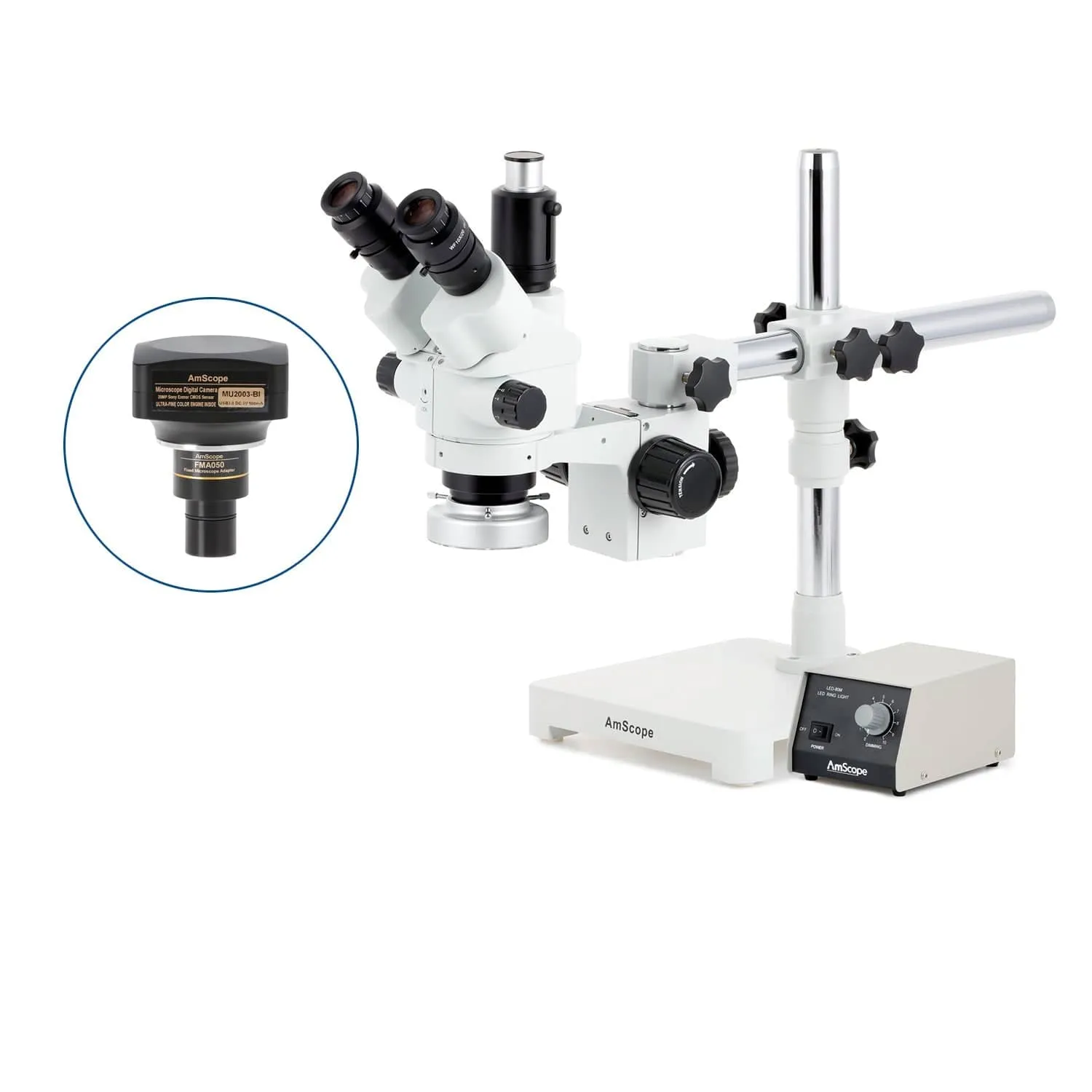 AmScope SM-3 Series Simul-Focal Lockable Zoom Trinocular Stereo Microscope with Heavy Duty 80 LED Ring Light and Optional Digital Camera on Single Arm Boom Stand