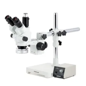 AmScope SM-3 Series Simul-Focal Lockable Zoom Trinocular Stereo Microscope with Heavy Duty 80 LED Ring Light and Optional Digital Camera on Single Arm Boom Stand
