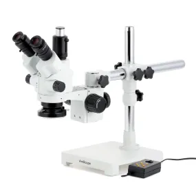 AmScope SM-3 Series Simul-Focal Lockable Zoom Trinocular Stereo Microscope with Multi-Zone 144 LED and Optional Digital Camera on Single Arm Boom Stand