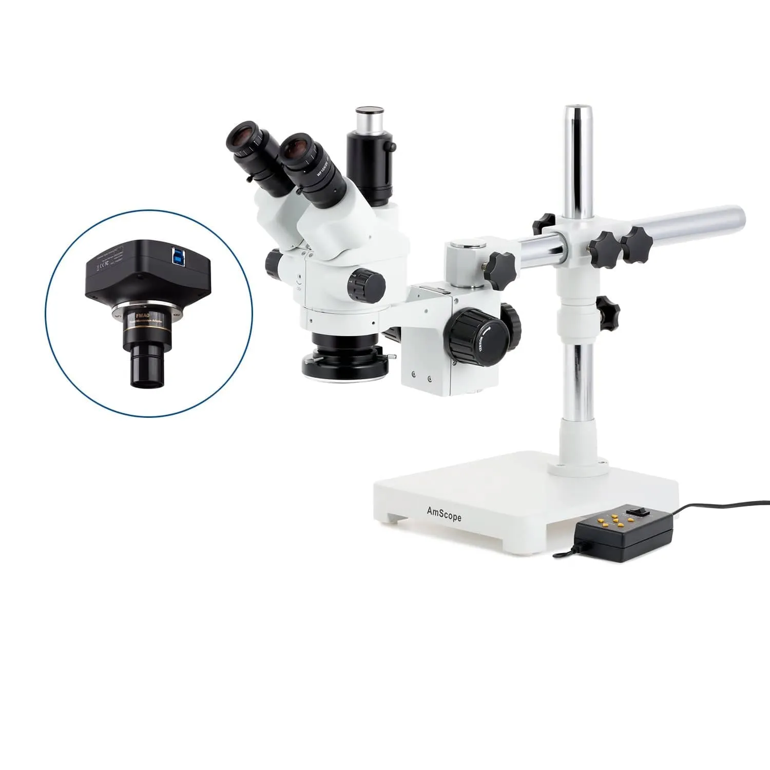 AmScope SM-3 Series Simul-Focal Lockable Zoom Trinocular Stereo Microscope with Multi-Zone 144 LED and Optional Digital Camera on Single Arm Boom Stand