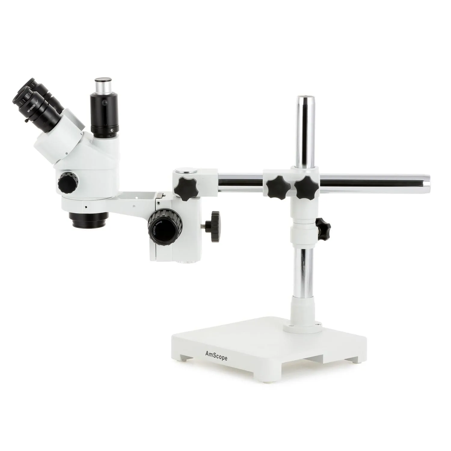 AmScope SM-3 Series Simul-Focal Lockable Zoom Trinocular Stereo Microscope with Multi-Zone 144 LED and Optional Digital Camera on Single Arm Boom Stand