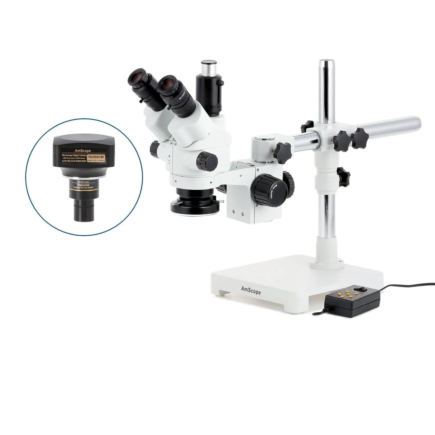 AmScope SM-3 Series Simul-Focal Lockable Zoom Trinocular Stereo Microscope with Multi-Zone 144 LED and Optional Digital Camera on Single Arm Boom Stand