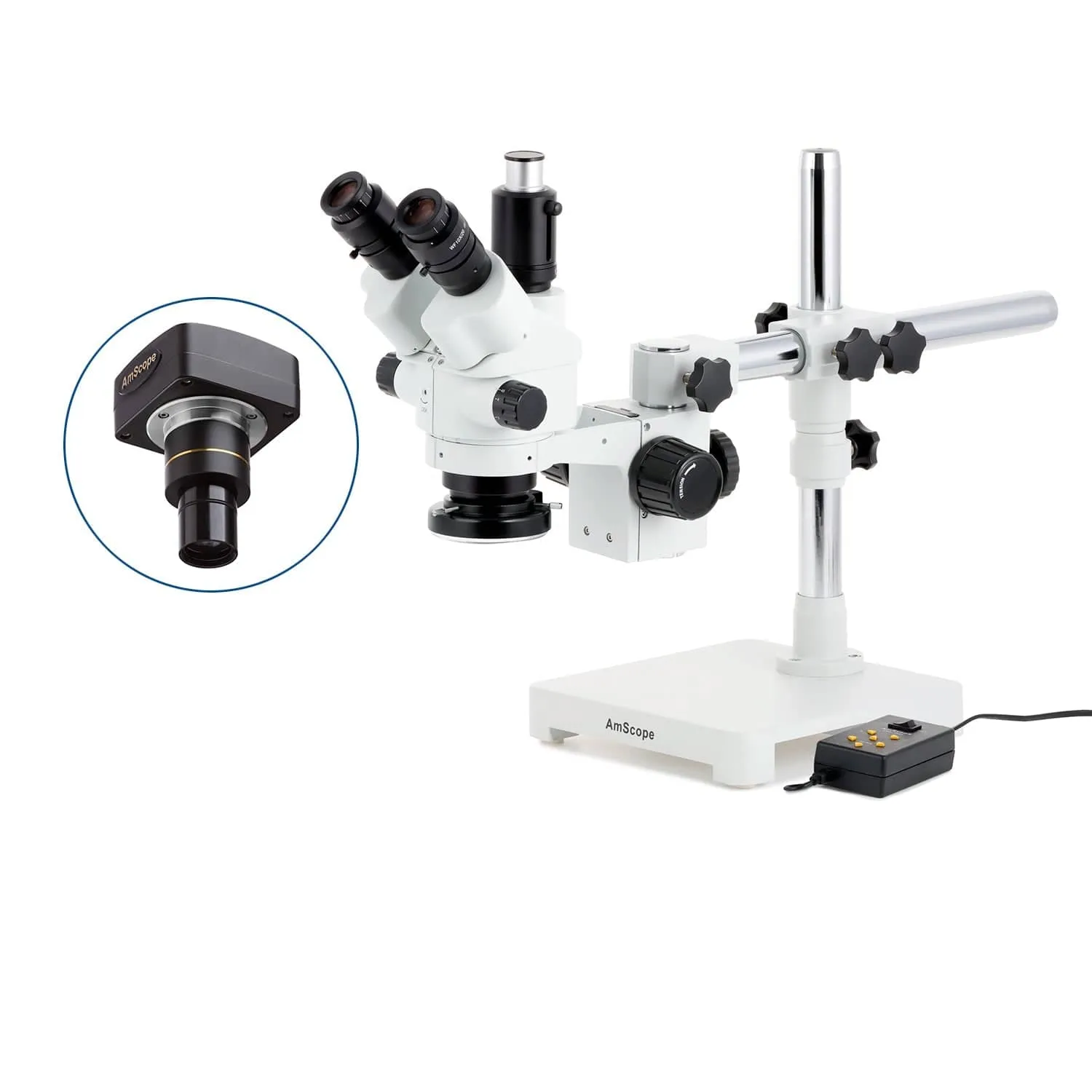 AmScope SM-3 Series Simul-Focal Lockable Zoom Trinocular Stereo Microscope with Multi-Zone 144 LED and Optional Digital Camera on Single Arm Boom Stand