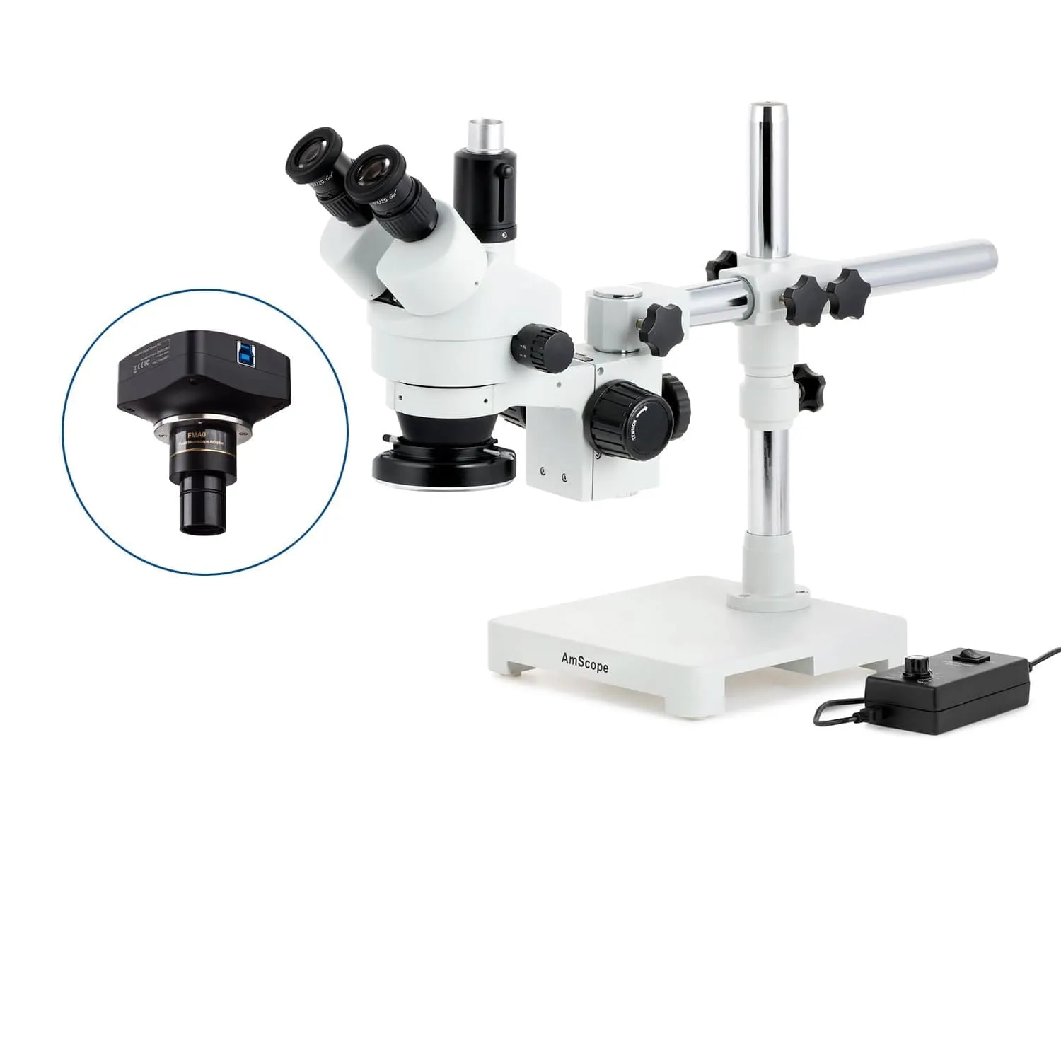 AmScope SM-3 Series Simul-Focal Zoom Trinocular Stereo Microscope with 144 LED Ring Light and Optional Digital Camera on Single Arm Boom Stand