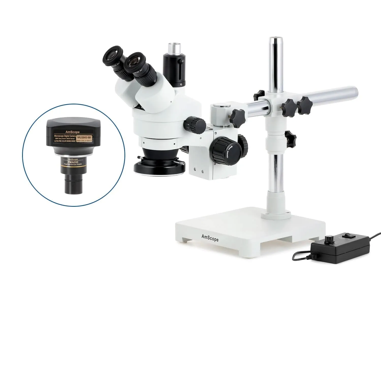 AmScope SM-3 Series Simul-Focal Zoom Trinocular Stereo Microscope with 144 LED Ring Light and Optional Digital Camera on Single Arm Boom Stand